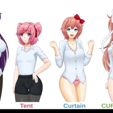 doki doki literature club, yuri (doki doki literature club), clouddg, 4girls, big breasts, blue eyes, breasts, brown hair, eye contact, female, fully clothed, green eyes, hair ribbon, looking at viewer, multiple girls