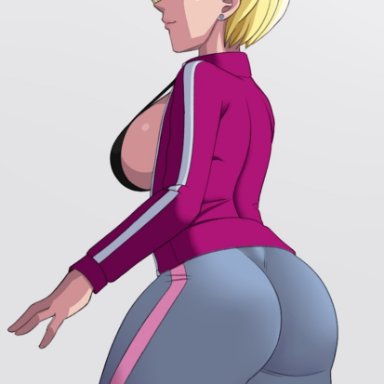 dragon ball super, dragon ball z, android 18, donchibi, 1girls, ass, big ass, big breasts, blonde hair, blue eyes, breasts, female, female focus, female only, leggings