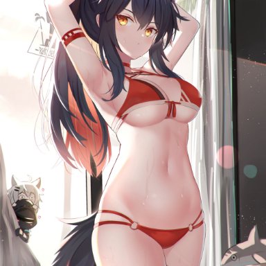 arknights, doctor (arknights), lappland (arknights), texas (arknights), 1boy, 2girls, animal ears, armband, armpits, arms behind head, arms up, bare shoulders, bikini, black hair, breasts