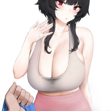 original, mochirong, 1boy, 1girls, bangs, bare arms, bare shoulders, big breasts, black hair, blunt bangs, blush, breasts, cleavage, female, female focus