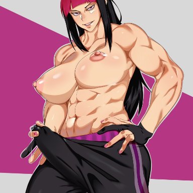 street fighter, juri han, crossing mao, 1futa, abs, areolae, big breasts, big penis, breasts, bulge, clothed, clothing, erection, erection under clothes, futa only