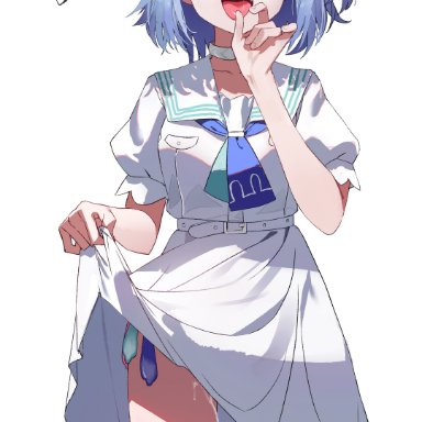 hololive, usada pekora, korogoro (mago0057), bangs, blue hair, blue neckerchief, blue ribbon, choker, condom, cum, cum on legs, dress, eyebrows visible through hair, fellatio gesture, female