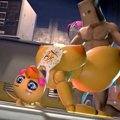 five nights at freddy's, five nights at freddy's 2, toy chica (fnaf), zhenai, 1boy, 1boy1girl, 1girl, animatronic, areolae, avian, bag, big breasts, big penis, breasts, chicken