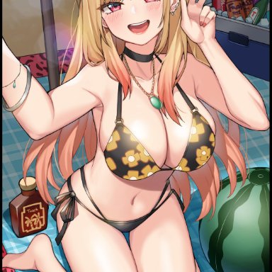 sono bisque doll wa koi wo suru, gojou wakana, kitagawa marin, nanni jjang, 1boy, ball, bangs, barbell piercing, beach, beach umbrella, beachball, bikini, black bikini, black choker, black collar