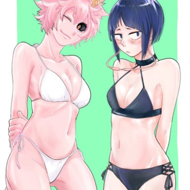 my hero academia, kyoka jiro, mina ashido, 2girls, bikini, black sclera, blush, bob cut, cleavage, female, female only, hands behind back, horns, pink hair, pink skin