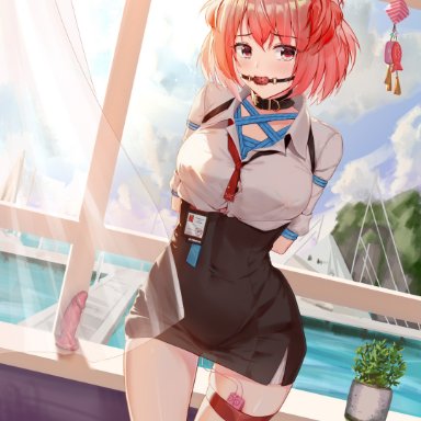 arknights, fiammetta (arknights), arms behind back, ball gag, bangs, black skirt, blue sky, blush, bondage, bound, bound arms, breasts, buckle, collar, covered navel