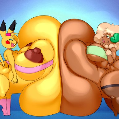 nintendo, pokemon, pikachu, pok&#233;mon (species), whimsicott, angstrom, accessory, anthro, ass, big breasts, big butt, big penis, blue eyeshadow, bodily fluids, bottomless