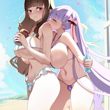 fate/extra ccc, fate/grand order, fate (series), original, bb (fate), hakuno kishinami, monobe, monobe yuri, 2girls, beach, bikini, breasts, brown hair, female, female only