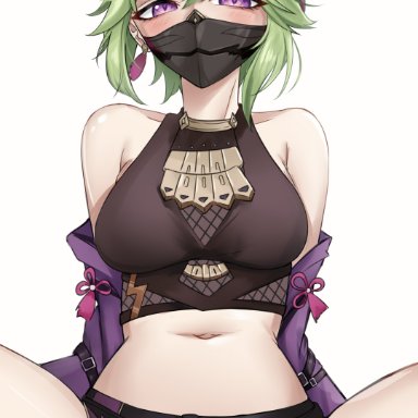 genshin impact, kuki shinobu, 1girls, blush, breasts, face mask, female, green hair, looking at viewer, mask, navel, ninja, purple eyes, shorts, spread legs