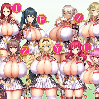 original, original characters, btk, 12girls, 6+girls, belly button, bra, breast size difference, breasts, breasts bigger than head, cleavage, cleavage cutout, dark-skinned female, dark skin, different breast sizes