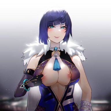 genshin impact, yelan (genshin impact), yi zhi ai xi, 1girls, blue eyes, bob cut, breasts, breasts out, busty, erect nipples, female, heart-shaped pupils, large breasts, looking at viewer, naughty face