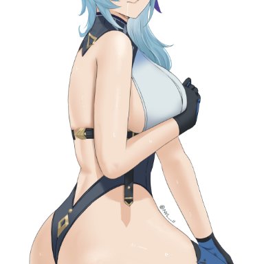 genshin impact, eula (genshin impact), nvl, 1girls, ass, blue hair, blush, breasts, fat ass, female, gloves, leotard, looking at viewer, pussy juice, pussy juice drip