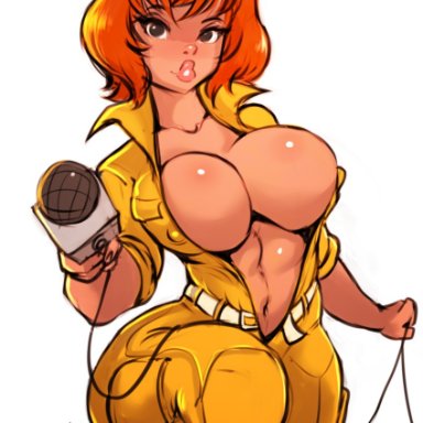 teenage mutant ninja turtles, tmnt 1987, april o'neil, april o'neil (tmnt 1987), aleksandrgav, big breasts, breasts, brown hair, bursting breasts, busty, cleavage, hourglass figure, jumpsuit, large breasts, navel