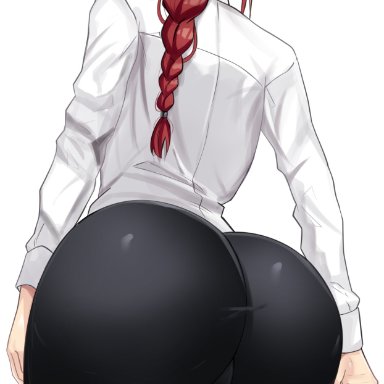 chainsaw man, makima (chainsaw man), o22no, 1girls, ass, ass focus, ass shot, back view, big ass, black pants, braided hair, bubble butt, clothed, clothed female, female