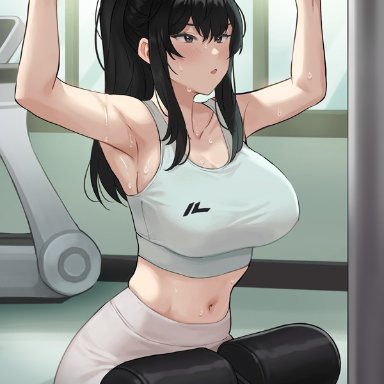 kkamja, big breasts, female, lat machine, ponytail, sports bra, sportswear, sweat, workout, tagme