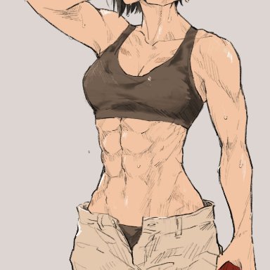 attack on titan, shingeki no kyojin, mikasa ackerman, 1girls, abs, clothed, clothing, female, female only, fit, fit female, fully clothed, scars, solo, sweat