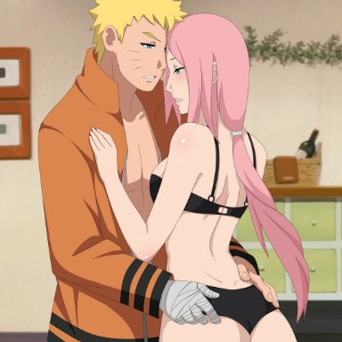 boruto: naruto next generations, naruto, naruto (series), sakura haruno, uzumaki naruto, iharuluna (artist), 1boy1girl, alternate hair length, alternate hairstyle, bandaged arm, bandages, blue eyes, bra, clothed male, couple