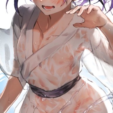 demon slayer, kimetsu no yaiba, michikatsu tsugikuni, aged down, androgynous, black hair, blush, femboy, japanese clothes, kimono, male, male only, one eye closed, open mouth, partially submerged