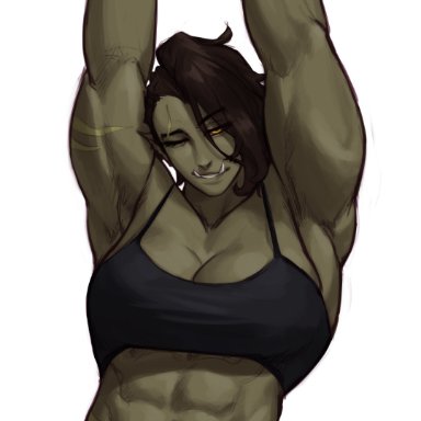 sotcho, 1girls, abs, arms up, black hair, black sclera, fangs, female, female only, green skin, looking at viewer, muscles, muscular, muscular female, narrowed eyes