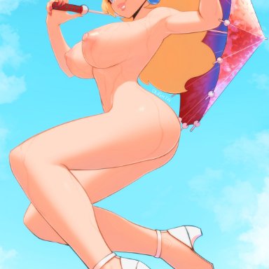 mario (series), nintendo, super mario bros., princess peach, oughta, 1girls, 5 fingers, areolae, armpits, ass, big breasts, blonde hair, blue eyes, bodily fluids, breasts