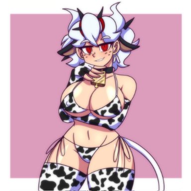 helltaker, beelzebub (helltaker), lueduartv, 1girls, animal ears, bell collar, bikini, breasts, collar, cow print, cow print bikini, earrings, fingerless gloves, freckles, horns