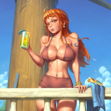 one piece, nami, thousand sunny, 1girls, big breasts, bloomers, blue sky, breasts, brown eyes, cleavage, curvy, drink, female, female only, javyrus