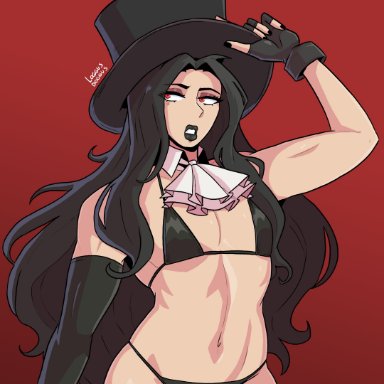 guilty gear, guilty gear strive, testament (guilty gear), loggus doggus, testament, 1other, bikini, black hair, black lipstick, fingerless gloves, gloves, lipstick, long hair, makeup, micro bikini