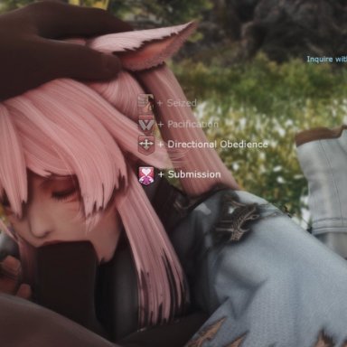 final fantasy xiv, miqo'te, miqovitch, blowjob, catgirl, dark-skinned male, fellatio, femsub, game mechanics, gameplay mechanics, hand on head, happy sub, interracial, servicing, status effect