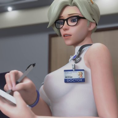 blizzard entertainment, overwatch, mercy, bewyx, oolay-tiger, blonde, blonde hair, blowjob, blue eyes, bracelet, cum, cum drip, cum on face, doctor, erect