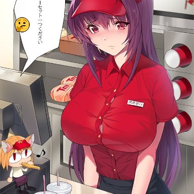 fate/grand order, fate (series), mcdonald's, melty blood, type-moon, neco-arc, scathach (fate), damda, 1girls, big breasts, blush, detailed background, embarrassed, female, female only