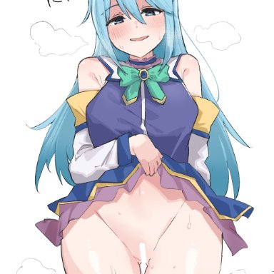 aqua (konosuba), kobinbin, 1girls, aqua hair, bangs, blush, boots, bow, breasts, clothes lift, detatched sleeves, dress, dress lift, green bow, hair between eyes