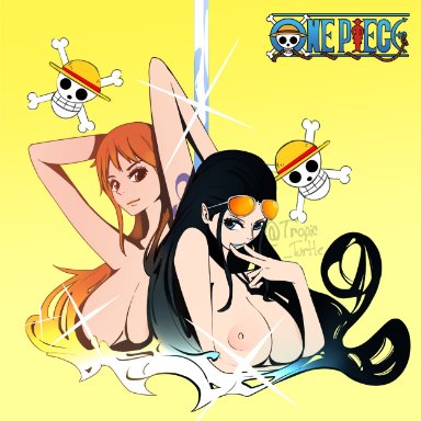 one piece, nami, nico robin, tropic turtle, 2girls, areolae, arms up, artistic, artistic nude, big breasts, black hair, blue eyes, breasts, brown eyes, female