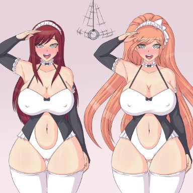 danganronpa, danganronpa (series), danganronpa 3, fairy tail, erza scarlet, yukizome chisa, onkel h, 2girls, @ @, arm up, armwear, ass visible through thighs, bangs, bare shoulders, black armwear