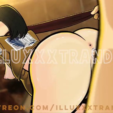 attack on titan, mikasa ackerman, illuxxxtrandy, 1boy, 1female, 1girls, 1male, anus, ass, backpussy, black hair, blushing, cum in pussy, dripping, female