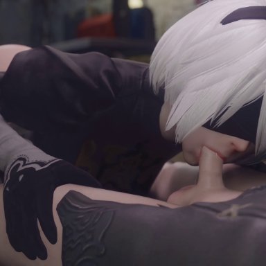 nier, nier: automata, nier (series), square enix, yorha 2b, yorha 9s, bewyx, cottontailva, blindfold, blowjob, fellatio, gloves, light-skinned female, light-skinned male, light skin