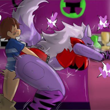 scottgames, gregory (fnaf), roxanne wolf (fnaf), enigi09, &lt;3, age difference, ambiguous penetration, anthro, anthro penetrated, band-aid, bandage, bent over, big ass, blush, bottomwear