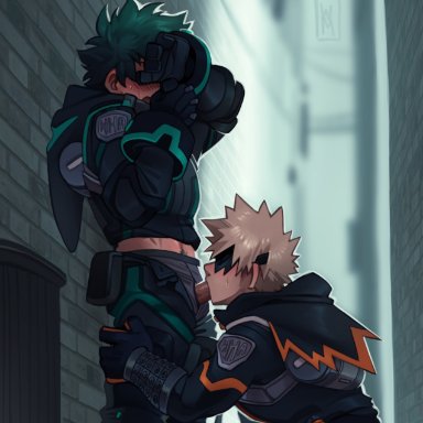 my hero academia, izuku midoriya, katsuki bakugou, wildmage, 2boys, blonde hair, blowjob, clothing, fellatio, gay, green hair, male, male/male, male only, oral