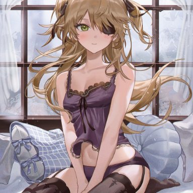 genshin impact, fischl (genshin impact), 1girls, bedroom, black legwear, blonde hair, blush, breasts, cleavage, clothing, curtains, eyepatch, female, female only, garter straps