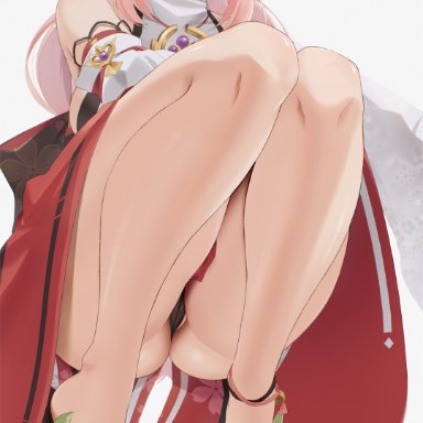 genshin impact, yae miko, hakua (hka art), 1girls, ass, butt, crouching, earrings, female, female only, legs, miko, panties, pink hair, smile