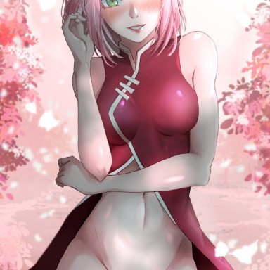 boruto: naruto next generations, naruto, naruto (series), sakura haruno, aboart, 1girls, bent elbow, blush, bottomless, breasts, cherry blossom, elbow rest, female, female only, field