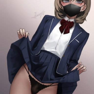 ikemeru19, ass, ball bulge, balls, big eyes, black panties, black underwear, blue eyes, blue jacket, blue skirt, blush, brown hair, bulge, face mask, femboy