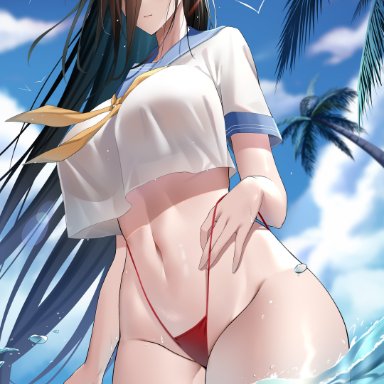azur lane, friedrich der grosse (azur lane), larger bmx, bikini, blush, breasts, closed mouth, cropped top, dutch angle, female, hair over one eye, horns, large breasts, long hair, looking at viewer