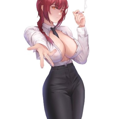 chainsaw man, makima (chainsaw man), ningzi, 1girls, big breasts, breasts, female, female only, red hair, shirt, solo, suit, thick thighs, yellow eyes, tagme