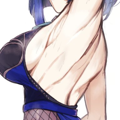 genshin impact, yelan (genshin impact), 1girls, armpits, arms up, big breasts, bob cut, breasts, busty, dress, female, large breasts, looking at viewer, short hair, sideboob