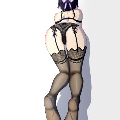 demon slayer, kimetsu no yaiba, kochou shinobu, all fours, alternate costume, ass focus, black bra, black hair, black panties, bra, butterfly hair ornament, female, female only, garter straps, lace-trimmed panties