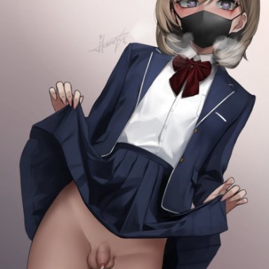 ikemeru19, ass, balls, big eyes, blue eyes, blue jacket, blue skirt, blush, brown hair, cum, cum drip, cum dripping, cum dripping from penis, cum on leg, cum on self