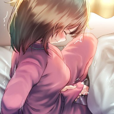 ayanakitori, 1futa, bed, blush, breasts, closed eyes, clothed, clothing, cum, cum in clothes, cumshot, detailed background, ejaculation, erection, erection under clothes