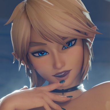 the legend of zelda, link, link (breath of the wild), fugtrup, black fingernails, blonde hair, blue eyes, collar, eyeshadow, femboy, licking lips, pointy ears