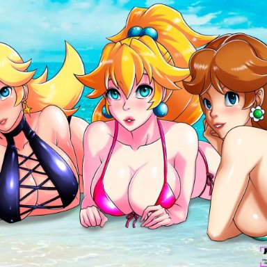 mario (series), nintendo, super mario bros., princess daisy, princess peach, princess rosalina, kwaiiarts, 3girls, beach, big breasts, bikini, bikini bottom, bikini top, blonde hair, blue eyes