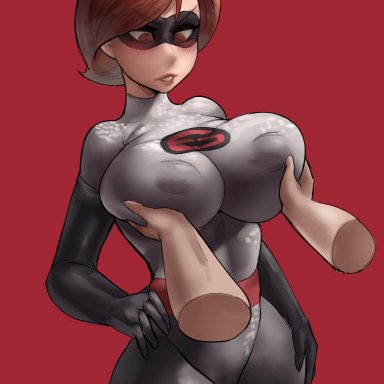 the incredibles, elastigirl, helen parr, alamanderarts, 1girls, big breasts, bodysuit, breast grab, brown hair, curvy, curvy figure, disembodied hand, female, female only, large breasts